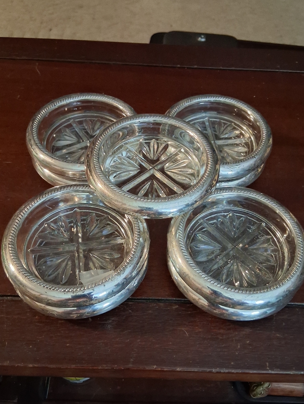 (13) GLASS COASTERS WITH STERLING SILVER RIMS